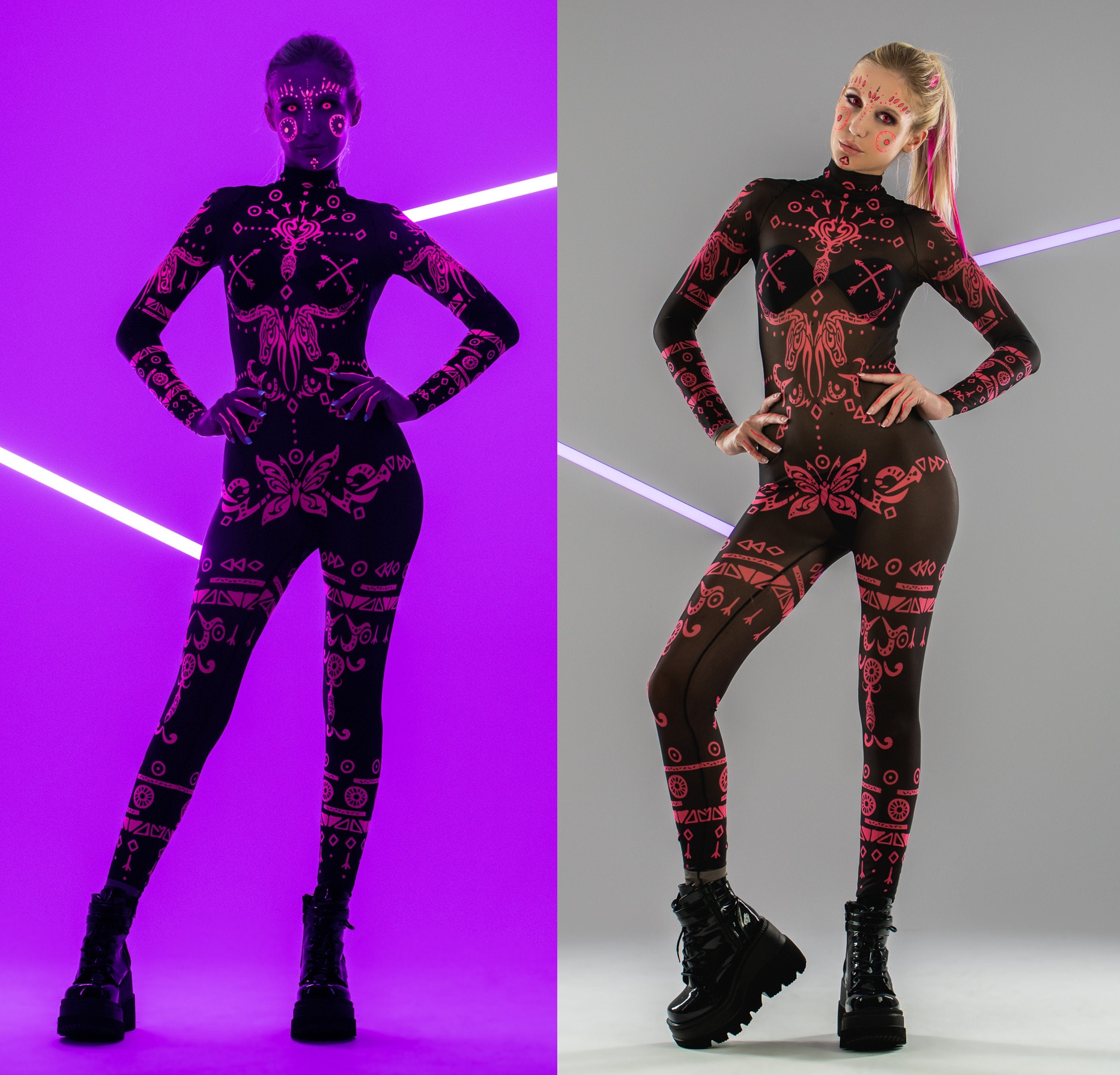 PINK TRIBAL FLUORESCENT Black Catsuit