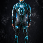 Close-up of the intricate cyber armor details on the Blue Cyber Hero costume, showcasing the bold blue and silver futuristic design.