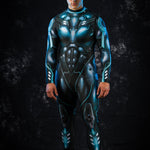 Blue Cyber Hero Halloween costume for men, featuring a futuristic Japanese-style design, perfect for cosplay or Halloween parties.