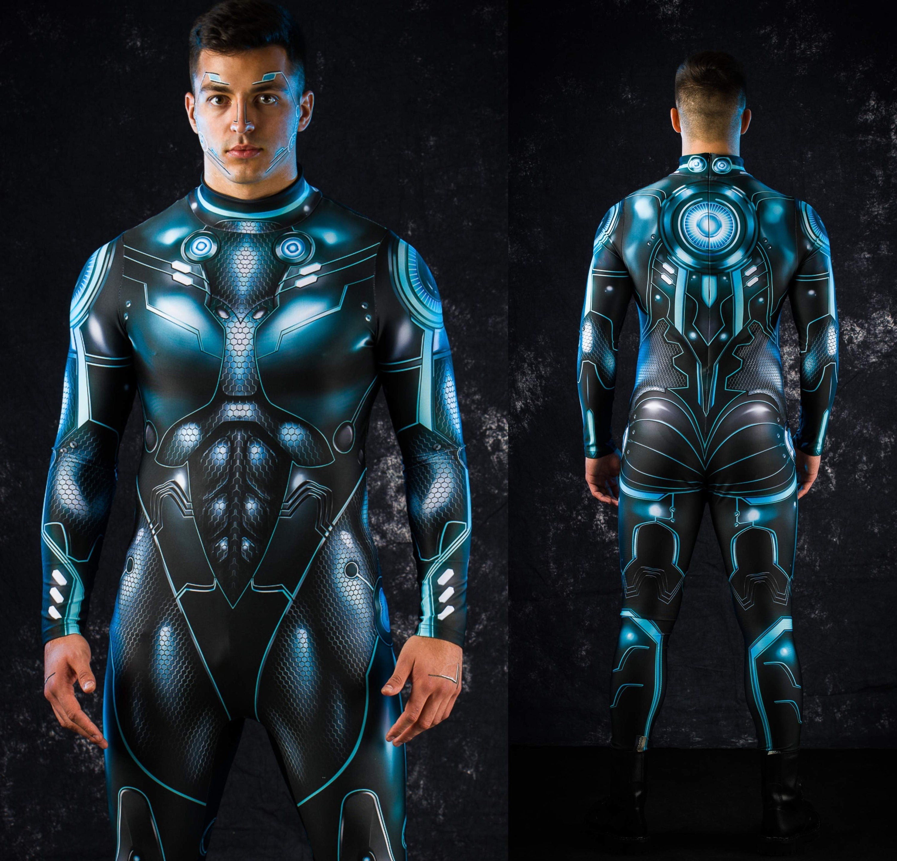 Man posing in the Blue Cyber Hero Halloween costume, highlighting the detailed cyber armor and sleek blue design, perfect for a standout Halloween look and festival.