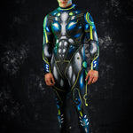 Green Cyber Hero Halloween costume for men, featuring a futuristic black and green cyborg design, ideal for Halloween parties or cosplay events.