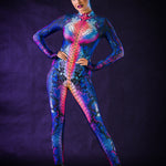 Blue Snake Halloween costume for women, featuring a snake skin jumpsuit with tattoo effect on the back, perfect for Halloween parties or music festivals.