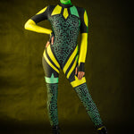 Green Alien Halloween costume for women, featuring a full-body jumpsuit with tattoo effect on the back, inspired by UFO and alien themes, perfect for Halloween or cosplay events.