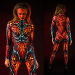 Woman in a full-body Demon is a Woman Halloween costume, showcasing a gothic, scary look ideal for cosplay and Halloween parties.