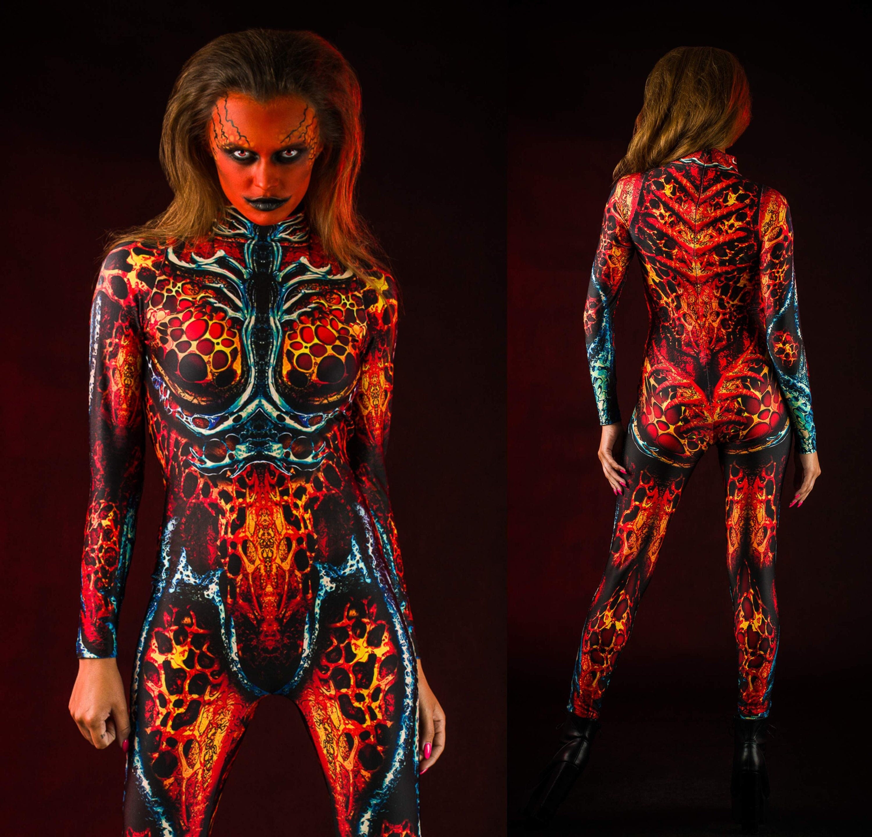 Woman in a full-body Demon is a Woman Halloween costume, showcasing a gothic, scary look ideal for cosplay and Halloween parties.