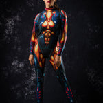 Graphite Gold Cyber Hero Halloween costume for women, featuring a futuristic cyborg design in graphite and gold, perfect for Halloween or cosplay events.