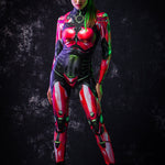 Woman wearing the Red Android costume, a full-body robot-inspired catsuit with cyberpunk details, perfect for Halloween parties or sci-fi cosplay.