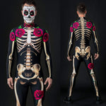 Man posing in Mr. Death skeleton costume, demonstrating the detailed skeletal design and comfortable fit, perfect for Halloween or cosplay.