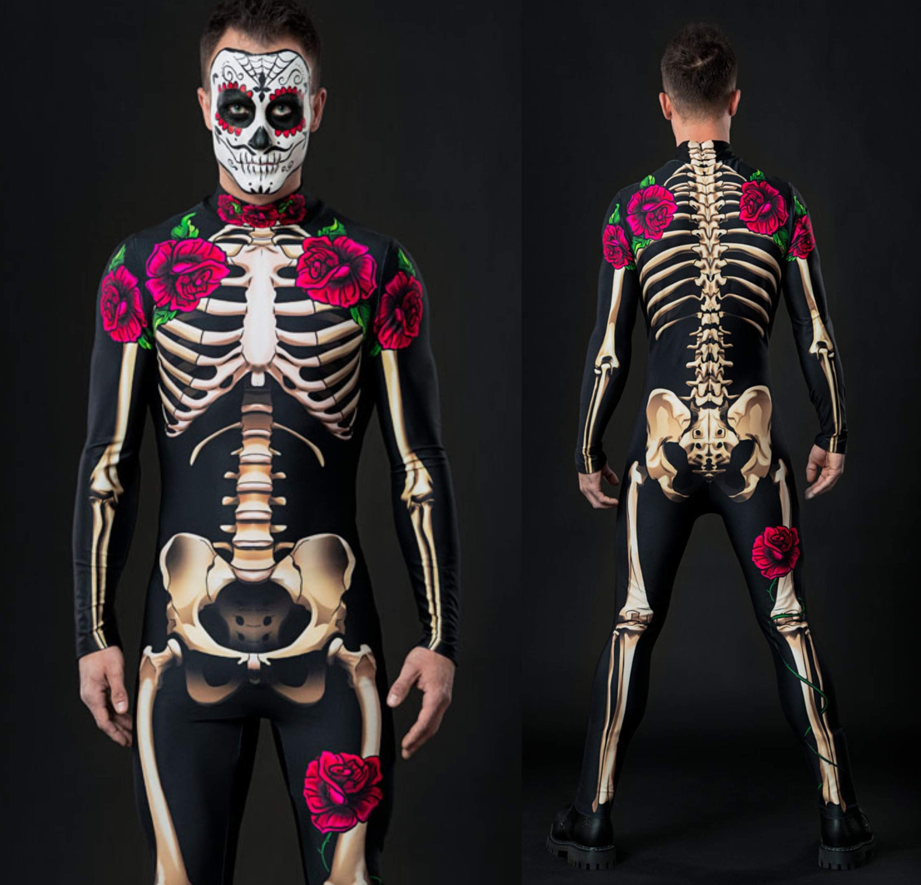 Man posing in Mr. Death skeleton costume, demonstrating the detailed skeletal design and comfortable fit, perfect for Halloween or cosplay.