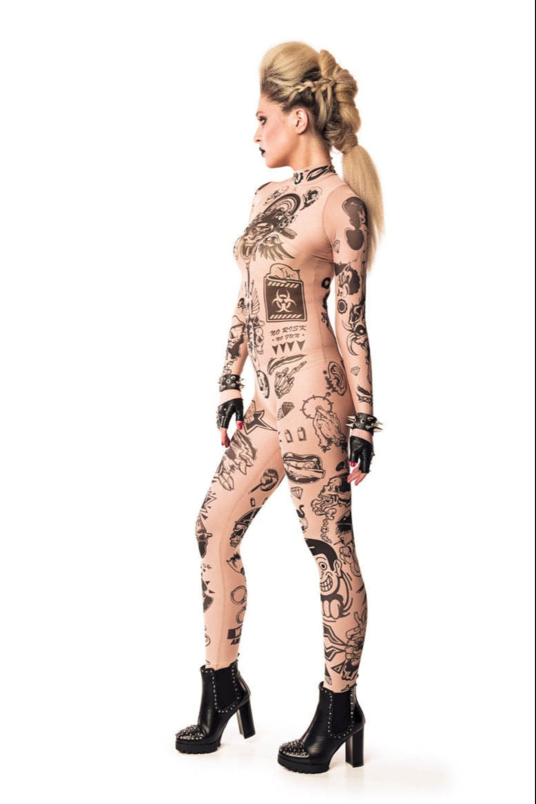 Left side view of REBEL TATTOOS (black) Tattoo Catsuit for Women – highlighting the dynamic curves and detailed black ink-style patterns.