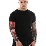 Zombie Circus men's Halloween T-shirt with tattoo sleeves, featuring a long-sleeve design with horror-themed tattoo prints, perfect for Halloween or costume parties.