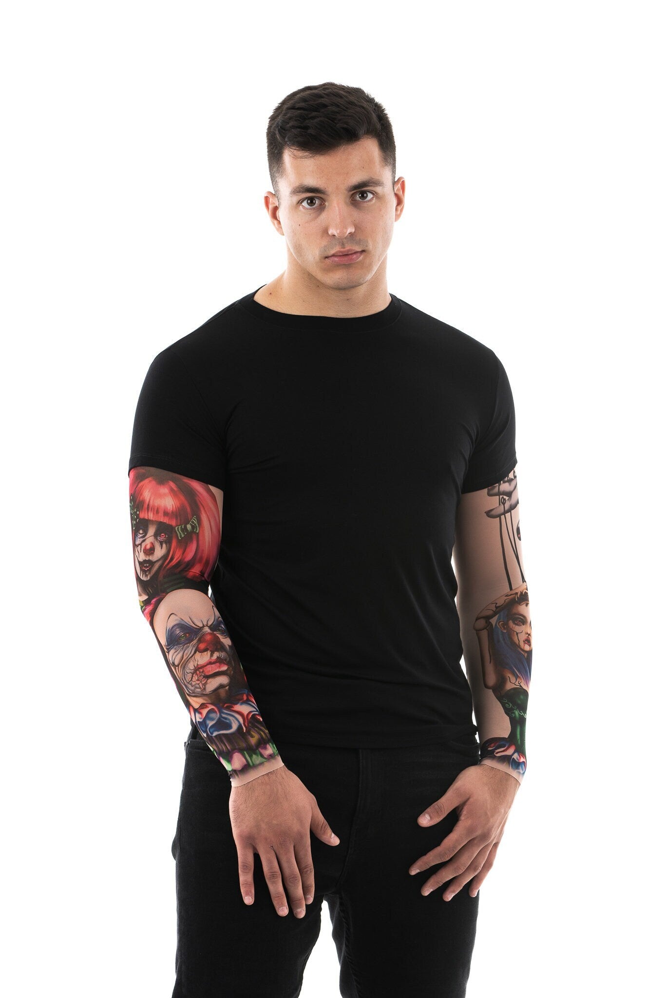 Zombie Circus men's Halloween T-shirt with tattoo sleeves, featuring a long-sleeve design with horror-themed tattoo prints, perfect for Halloween or costume parties.