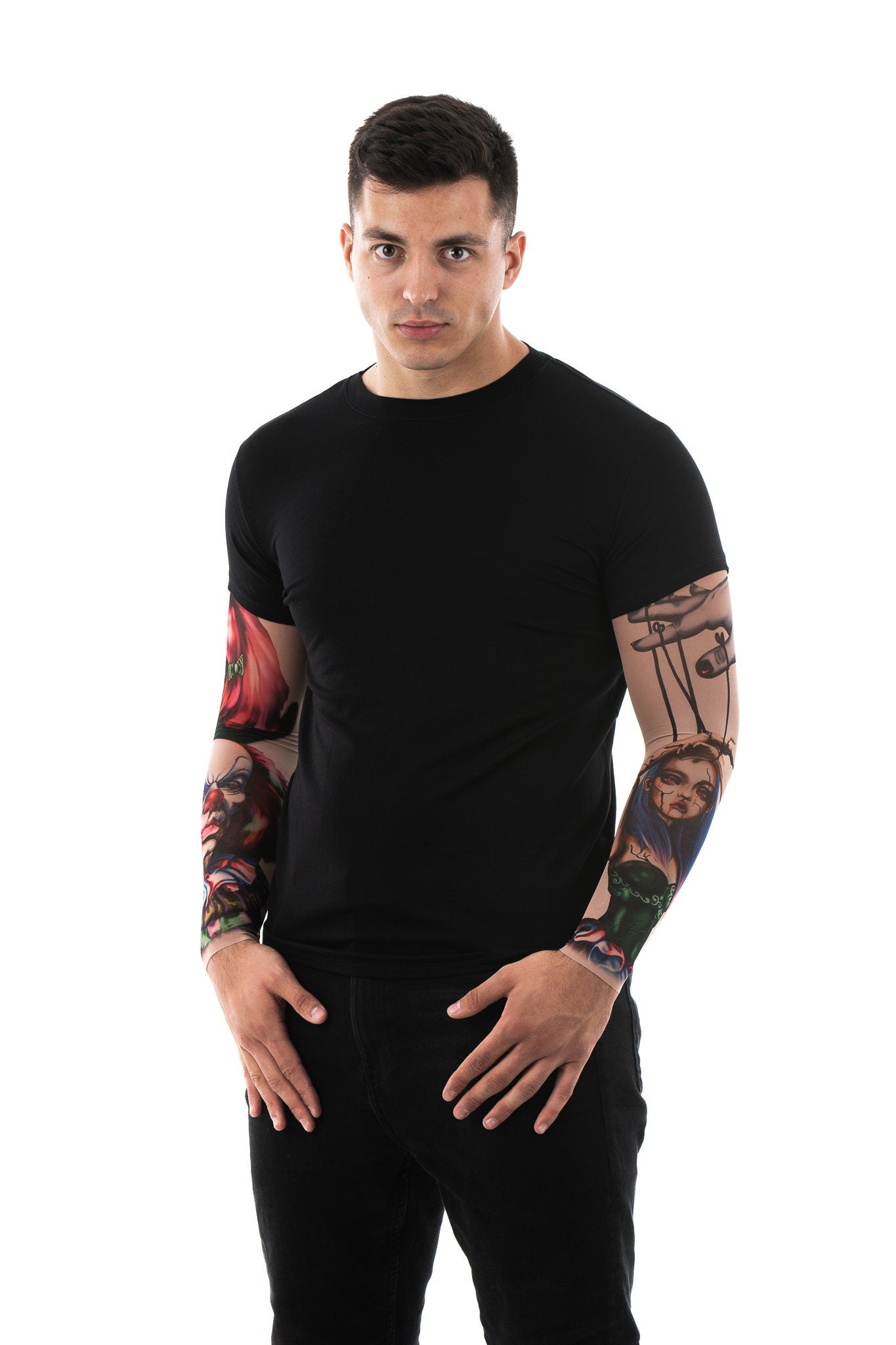 Man wearing the Zombie Circus T-shirt with tattoo sleeves, a long-sleeve shirt featuring zombie and circus-themed tattoo designs, perfect for Halloween events.