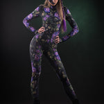 Mystic Cats Halloween costume for women, featuring a full-body catsuit with a cats and roses design and tattoo effect on the back, perfect for Halloween or cosplay events.