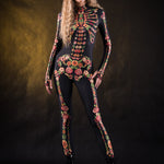 Flower Skeleton Halloween costume for women, featuring an orange, yellow, and green skeleton design with floral accents, perfect for Halloween or Day of the Dead celebrations.