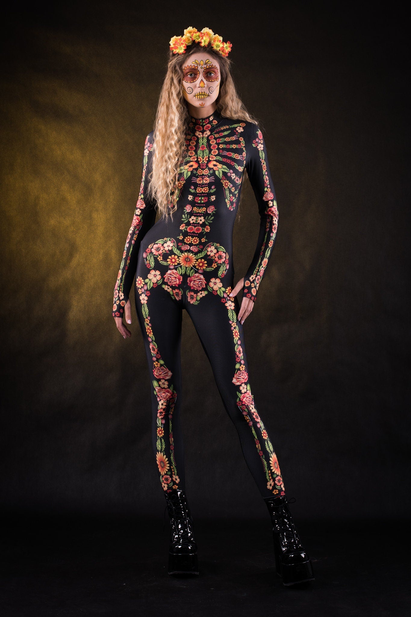 Flower Skeleton Halloween costume for women, featuring an orange, yellow, and green skeleton design with floral accents, perfect for Halloween or Day of the Dead celebrations.