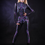 Woman posing in the Flower Skeleton costume, showcasing vibrant purple and blue skeleton design with flowers, ideal for Halloween or as a striking festival outfit.