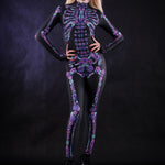 Flower Skeleton Halloween costume for women, featuring a purple and blue skeleton design with floral accents, perfect for Halloween or Day of the Dead celebrations.