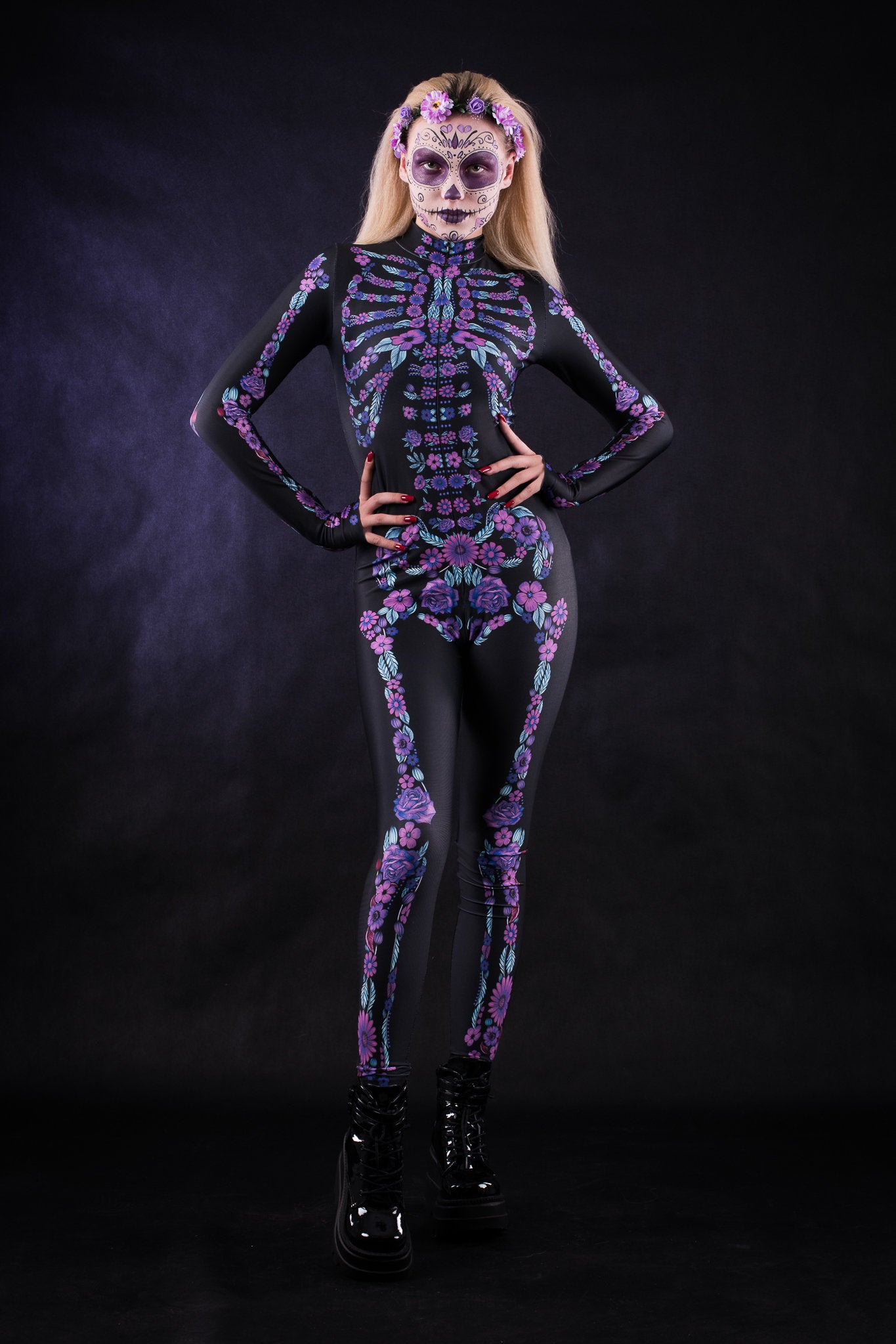 Flower Skeleton Halloween costume for women, featuring a purple and blue skeleton design with floral accents, perfect for Halloween or Day of the Dead celebrations.