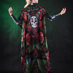 Roses and Butterflies Kimono Halloween cape, featuring intricate rose and butterfly designs, perfect for Day of the Dead or Halloween celebrations.