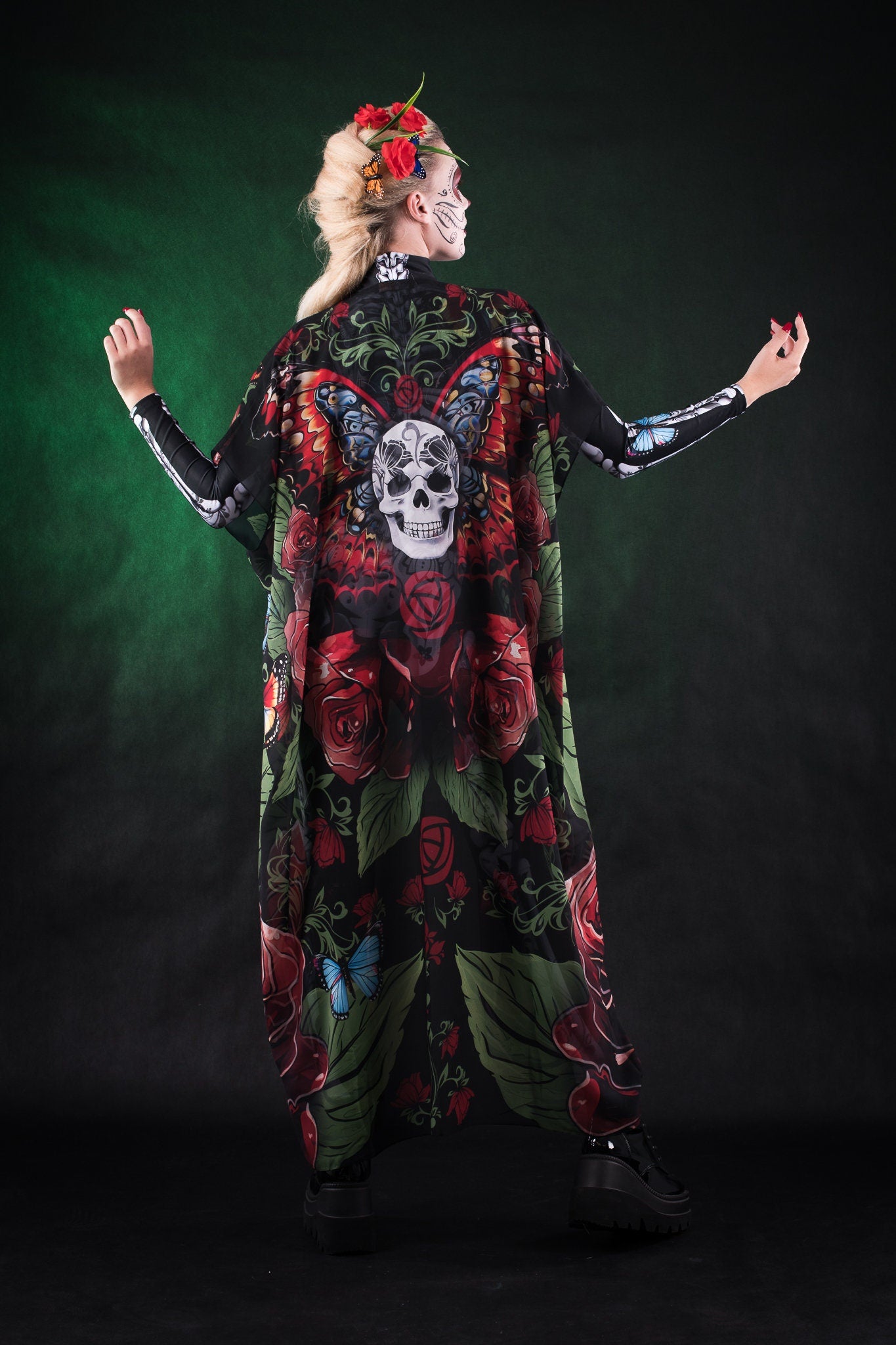 Roses and Butterflies Kimono Halloween cape, featuring intricate rose and butterfly designs, perfect for Day of the Dead or Halloween celebrations.