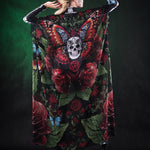 Roses and Butterflies Kimono Halloween cape, featuring intricate rose and butterfly designs, perfect for Day of the Dead or Halloween celebrations.