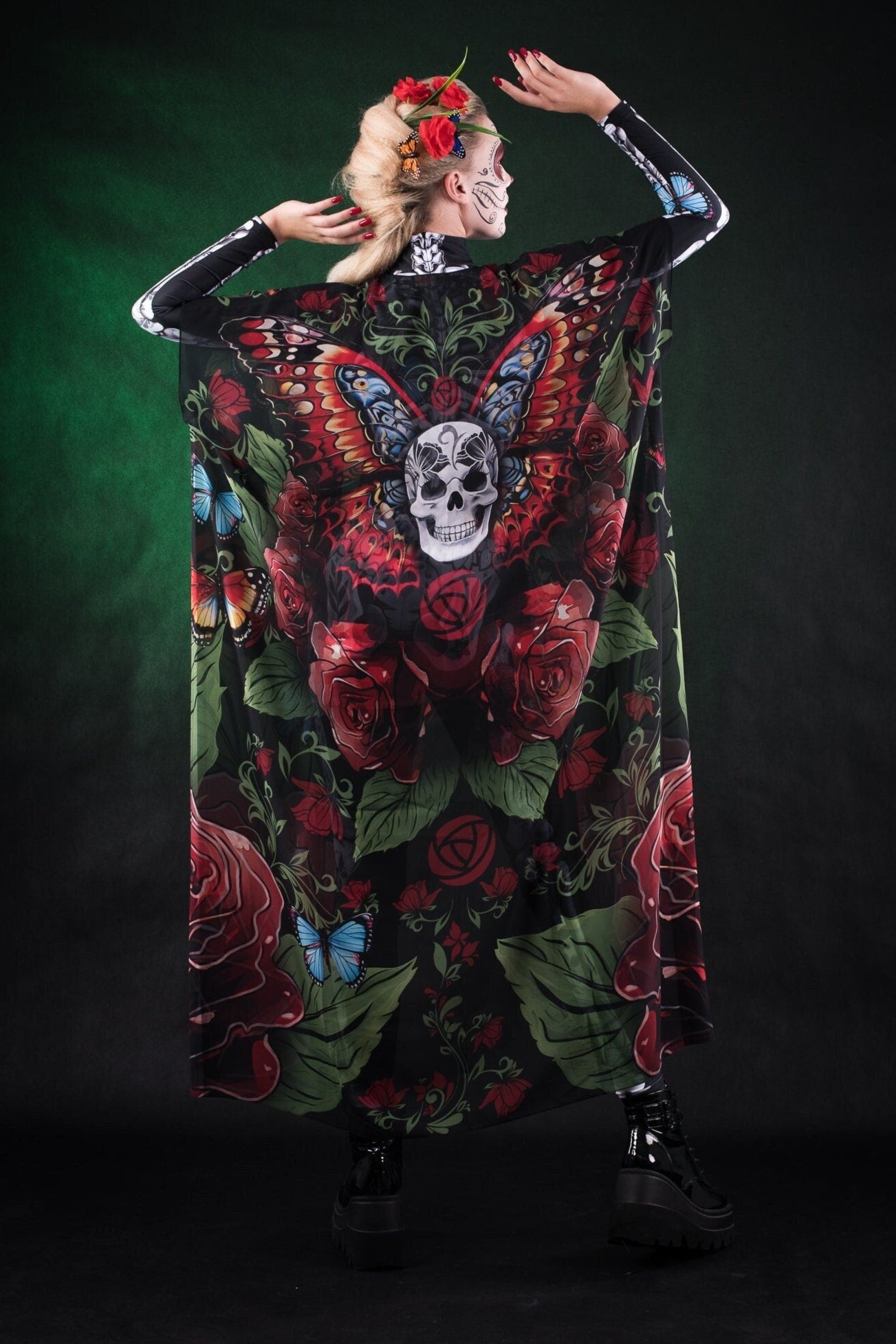 Roses and Butterflies Kimono Halloween cape, featuring intricate rose and butterfly designs, perfect for Day of the Dead or Halloween celebrations.