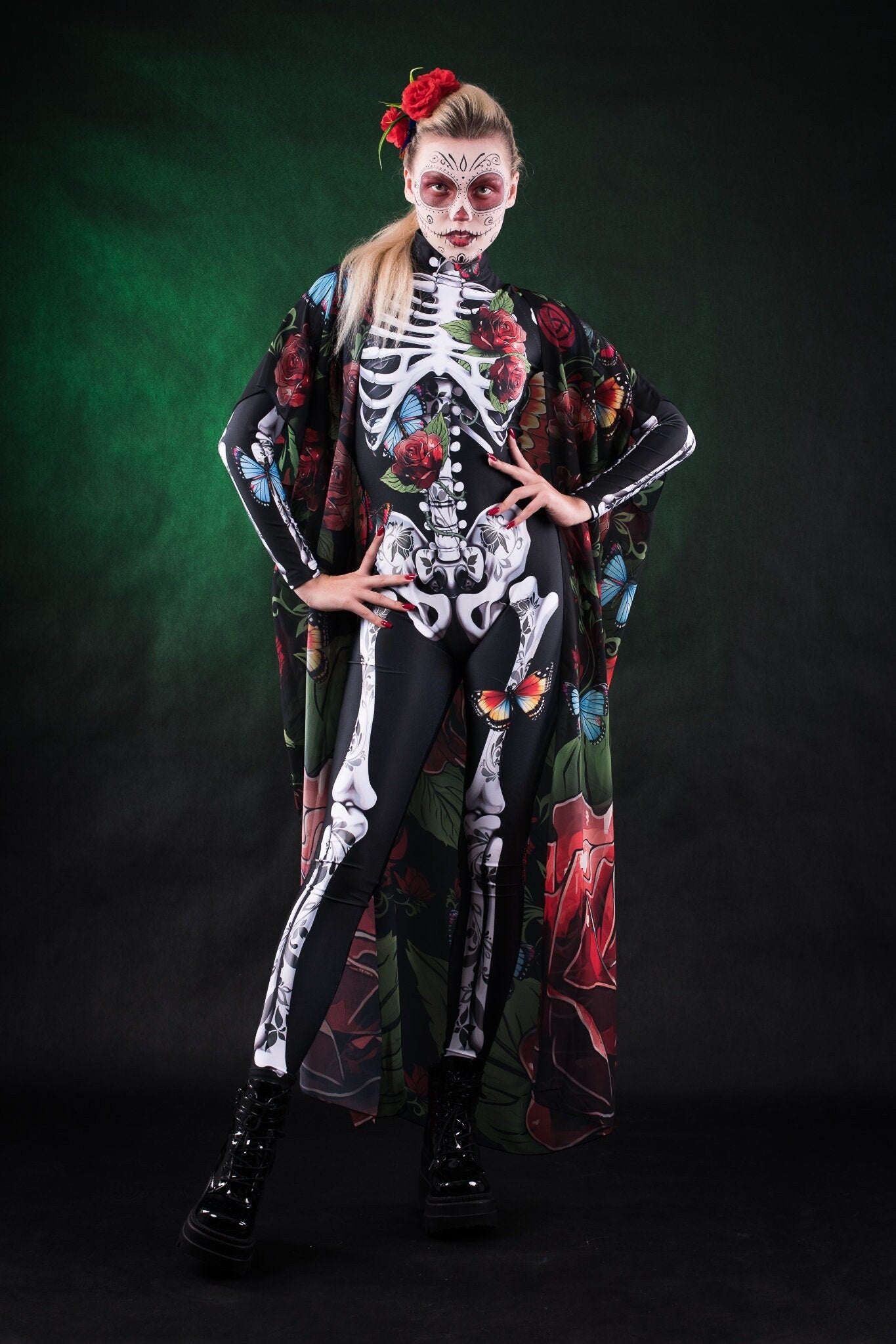 Roses Butterflies Skeleton Halloween costume for women, featuring a full-body skeleton catsuit with floral and butterfly accents, perfect for Day of the Dead or Halloween celebrations.