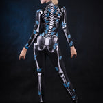 Close-up of the blue butterfly and skeleton design on the Lady Blue Butterfly costume, showcasing intricate details on the matching kimono, ideal for Halloween or festival fashion.