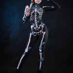 Woman posing in the Lady Blue Butterfly skeleton costume, highlighting the vibrant blue butterfly design, skeleton theme, and flowing kimono, great for Halloween or as a unique festival outfit.