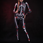 Lady Red Butterfly Halloween costume for women, featuring a full-body skeleton catsuit with vibrant red and blue butterfly accents, perfect for Halloween or Day of the Dead celebrations.