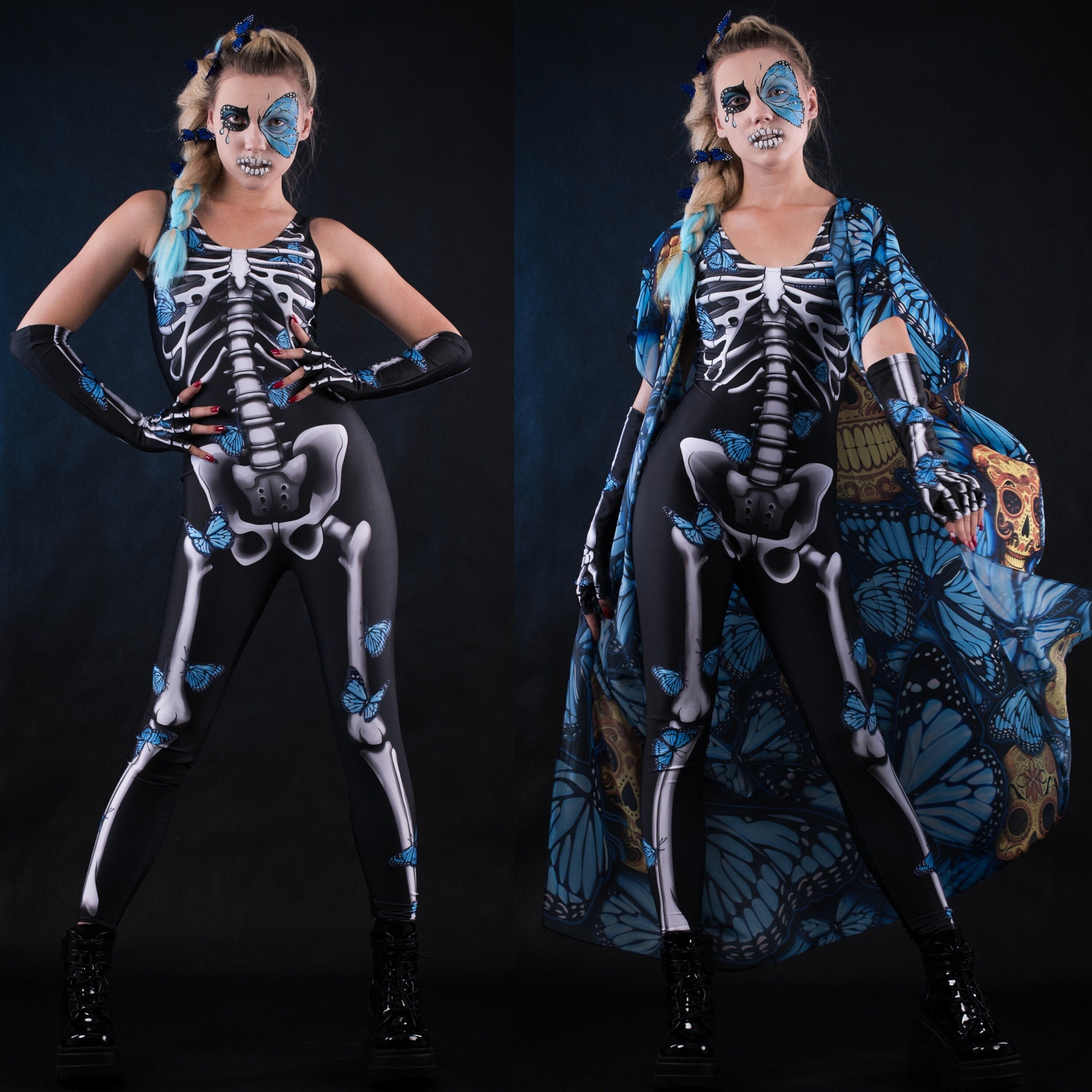 Woman posing in the Blue Butterflies Skeleton Halloween costume, showcasing the kimono and arm warmers with skeleton and butterfly designs.