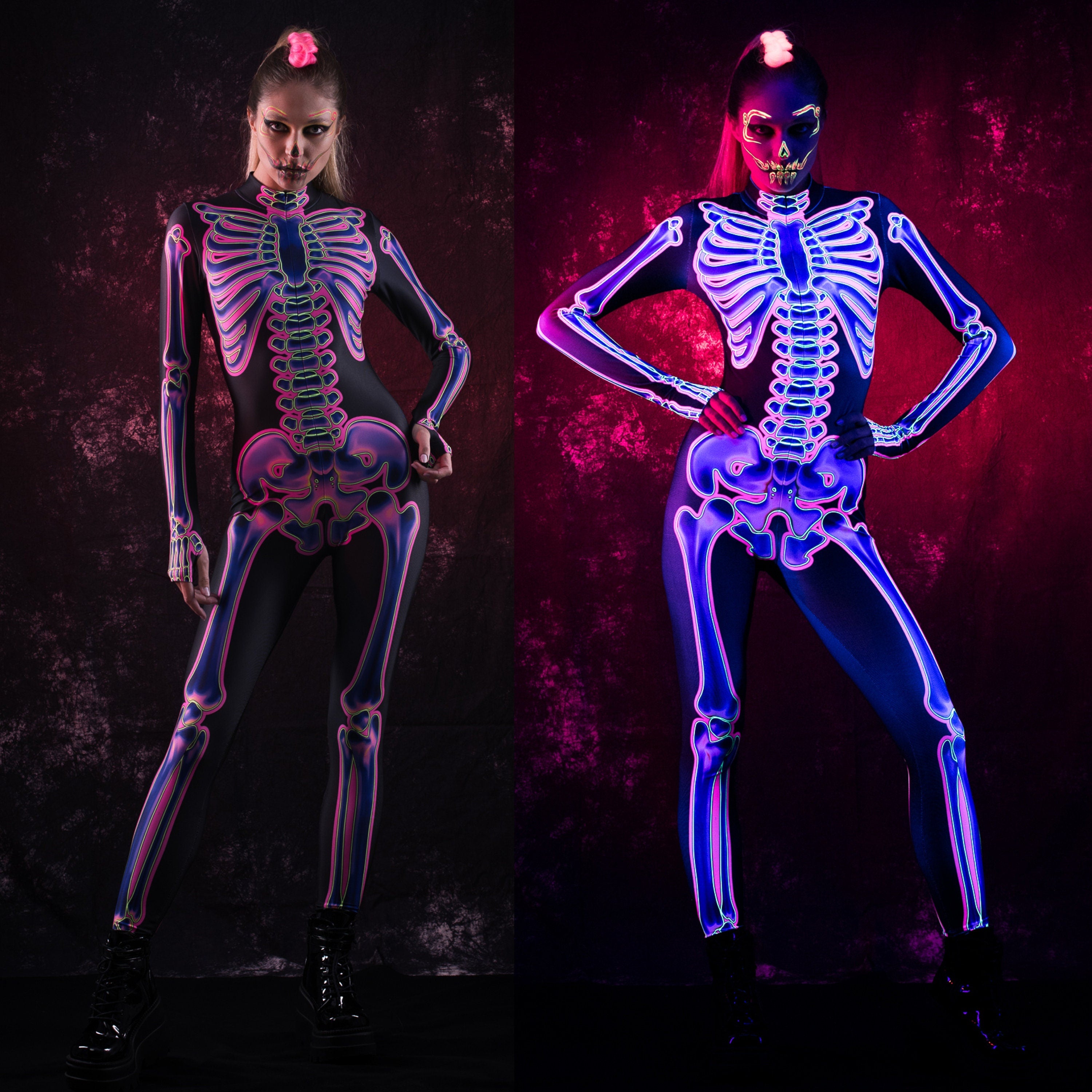 Close-up of the neon pink skeleton design on the UV reactive jumpsuit, glowing under blacklight, ideal for Halloween or music festival looks.