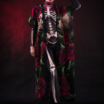 Women wearing a skeleton bodysuit with red rose. Kimono with roses. Styled for Halloween. The outfit is inspired by Day of the Dead.