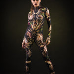 Sister of Dragons Halloween costume for women, featuring a full-body black catsuit with dragon design and tattoo effect on the back, perfect for Halloween or cosplay events.