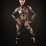 Sister of Dragons Halloween costume for women, featuring a full-body black catsuit with dragon design and tattoo effect on the back, perfect for Halloween or cosplay events.