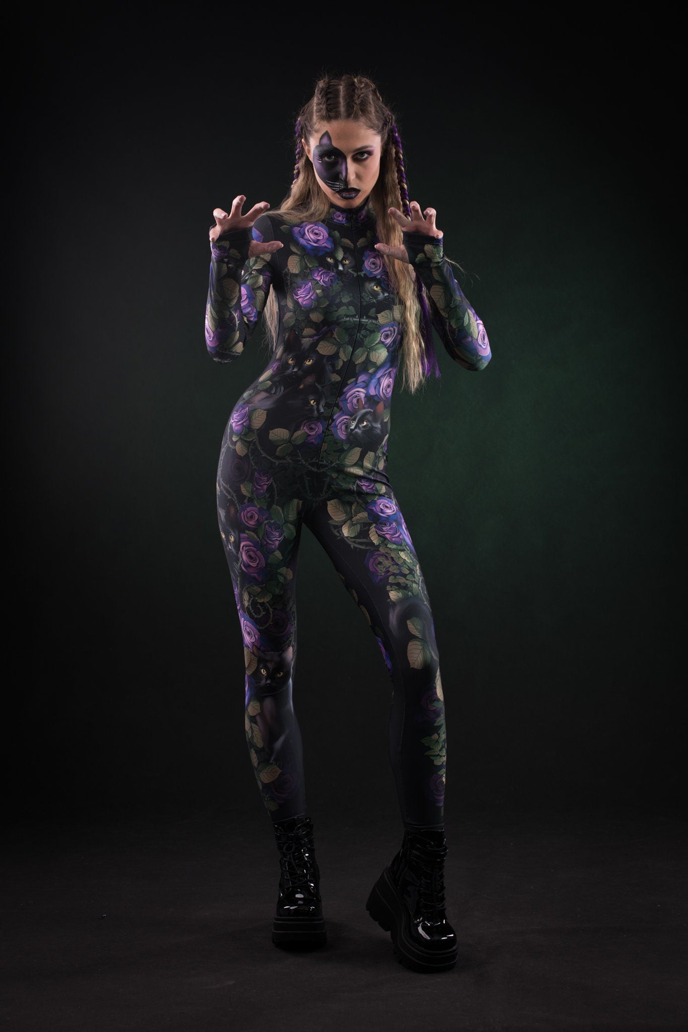 Mystic Cats Halloween costume for women, featuring a full-body catsuit with a cats and roses design and tattoo effect on the back, perfect for Halloween or cosplay events.