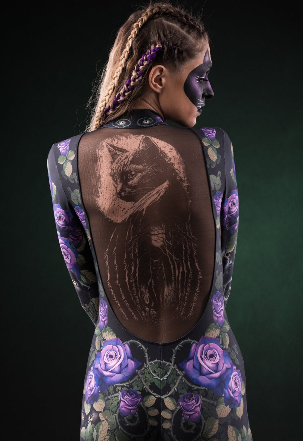 Close-up of the cats and roses design on the Mystic Cats catsuit, showcasing intricate tattoo effect details, ideal for Halloween or festival fashion.