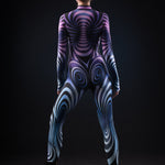 Close-up of the hypnotizing 3D spiral design on the purple catsuit, ideal for a bold and eye-catching Halloween or festival look