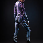 Close-up of the hypnotizing 3D spiral design on the purple catsuit, ideal for a bold and eye-catching Halloween or festival look