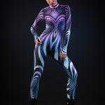 Woman posing in the Purple Spiral costume, showcasing the 3D spiral effect and vibrant purple design, great for Halloween or as a standout festival outfit.