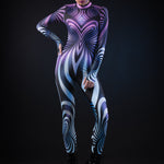 Purple Spiral Halloween costume for women, featuring a full-body 3D spiral design in a vibrant purple catsuit, perfect for Halloween or festival events.