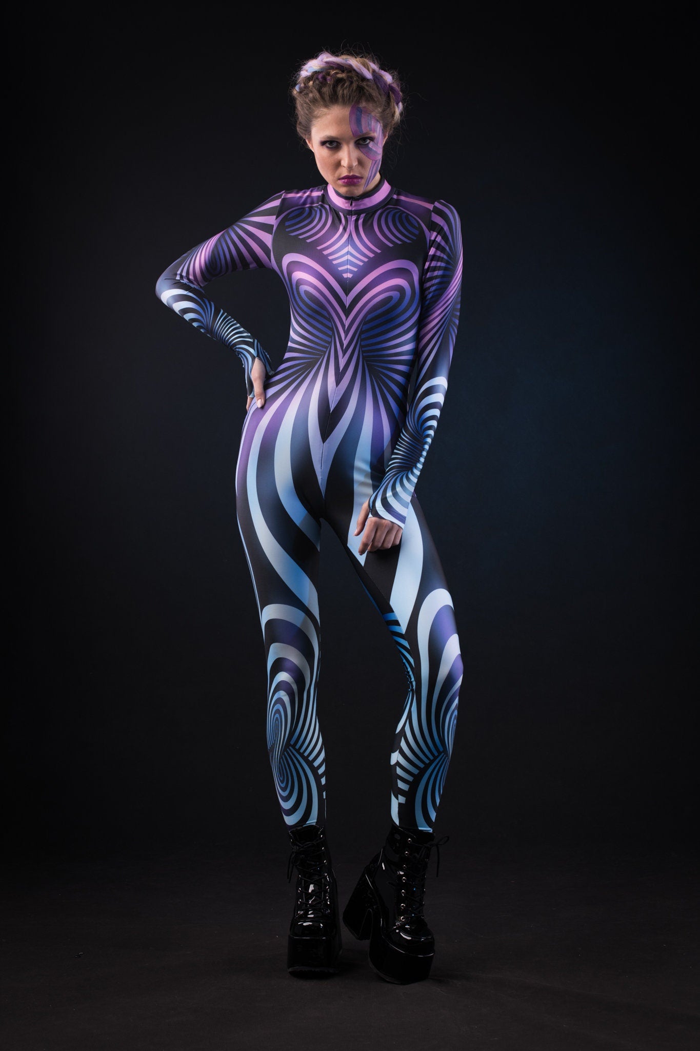 Purple Spiral Halloween costume for women, featuring a full-body 3D spiral design in a vibrant purple catsuit, perfect for Halloween or festival events.