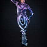 Purple Spiral Halloween costume for women, featuring a full-body 3D spiral design in a vibrant purple catsuit, perfect for Halloween or festival events.