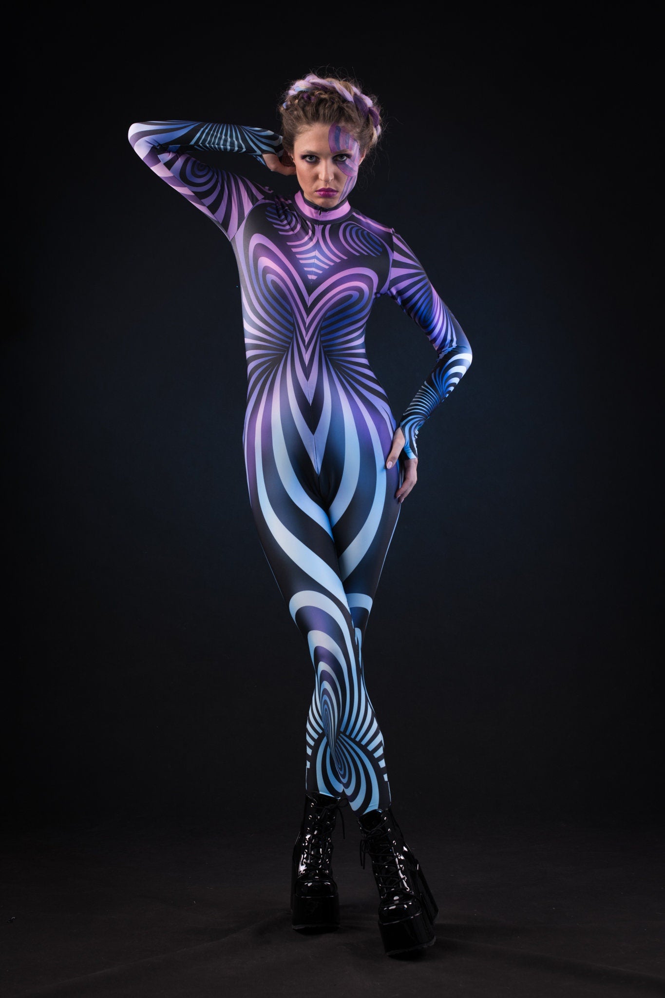 Purple Spiral Halloween costume for women, featuring a full-body 3D spiral design in a vibrant purple catsuit, perfect for Halloween or festival events.