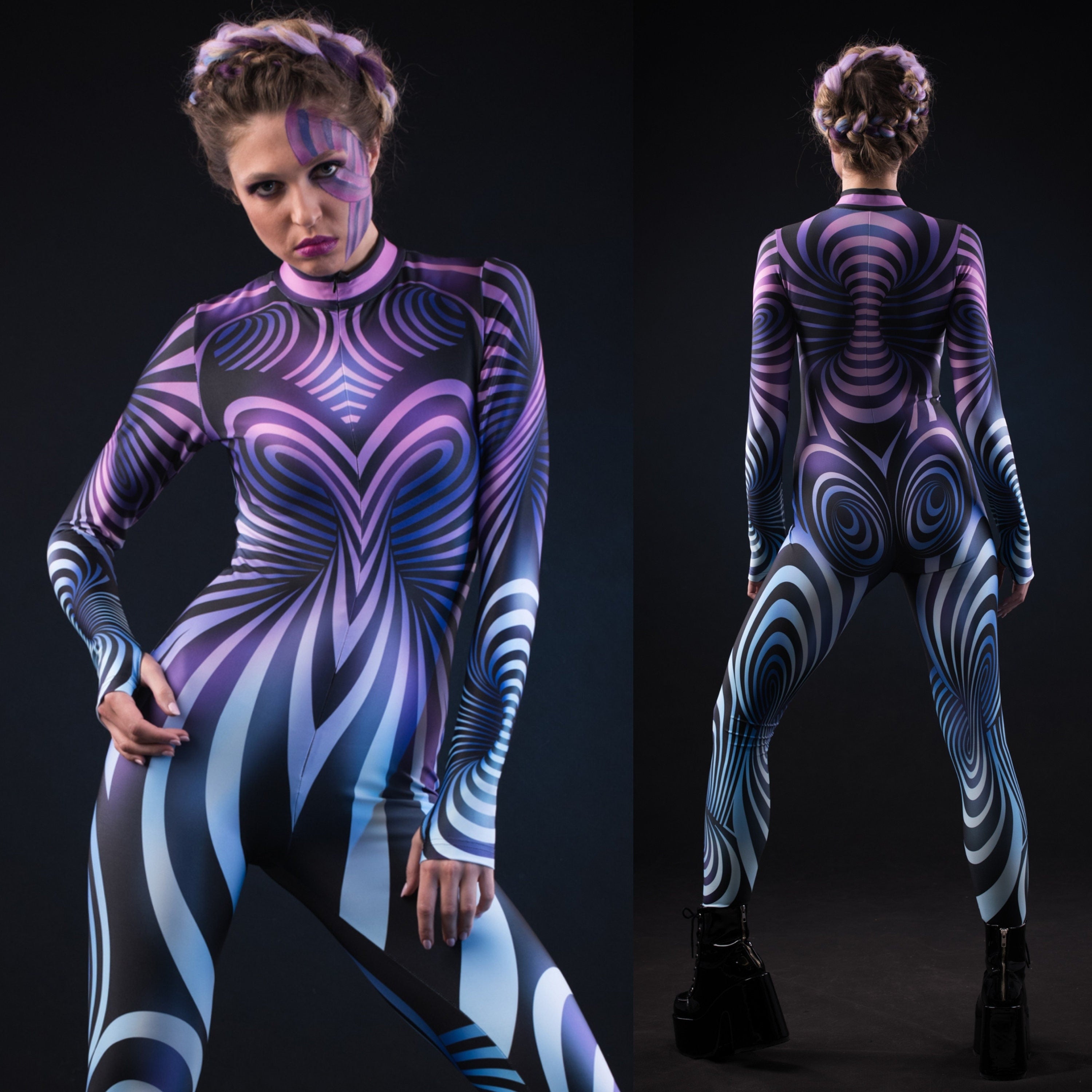 Woman wearing the Purple Spiral costume, a full-body catsuit with a mesmerizing purple spiral design, perfect for Halloween parties or cosplay festivals.