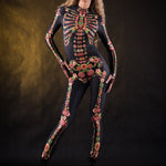 Flower Skeleton Halloween costume for women, featuring an orange, yellow, and green skeleton design with floral accents, perfect for Halloween or Day of the Dead celebrations.