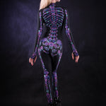 Close-up of the floral skeleton design on the full-body catsuit, with intricate purple and blue details, ideal for Halloween or festival fashion.