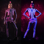 Close-up of the neon pink skeleton design on the UV reactive jumpsuit, glowing under blacklight, ideal for Halloween or music festival looks.