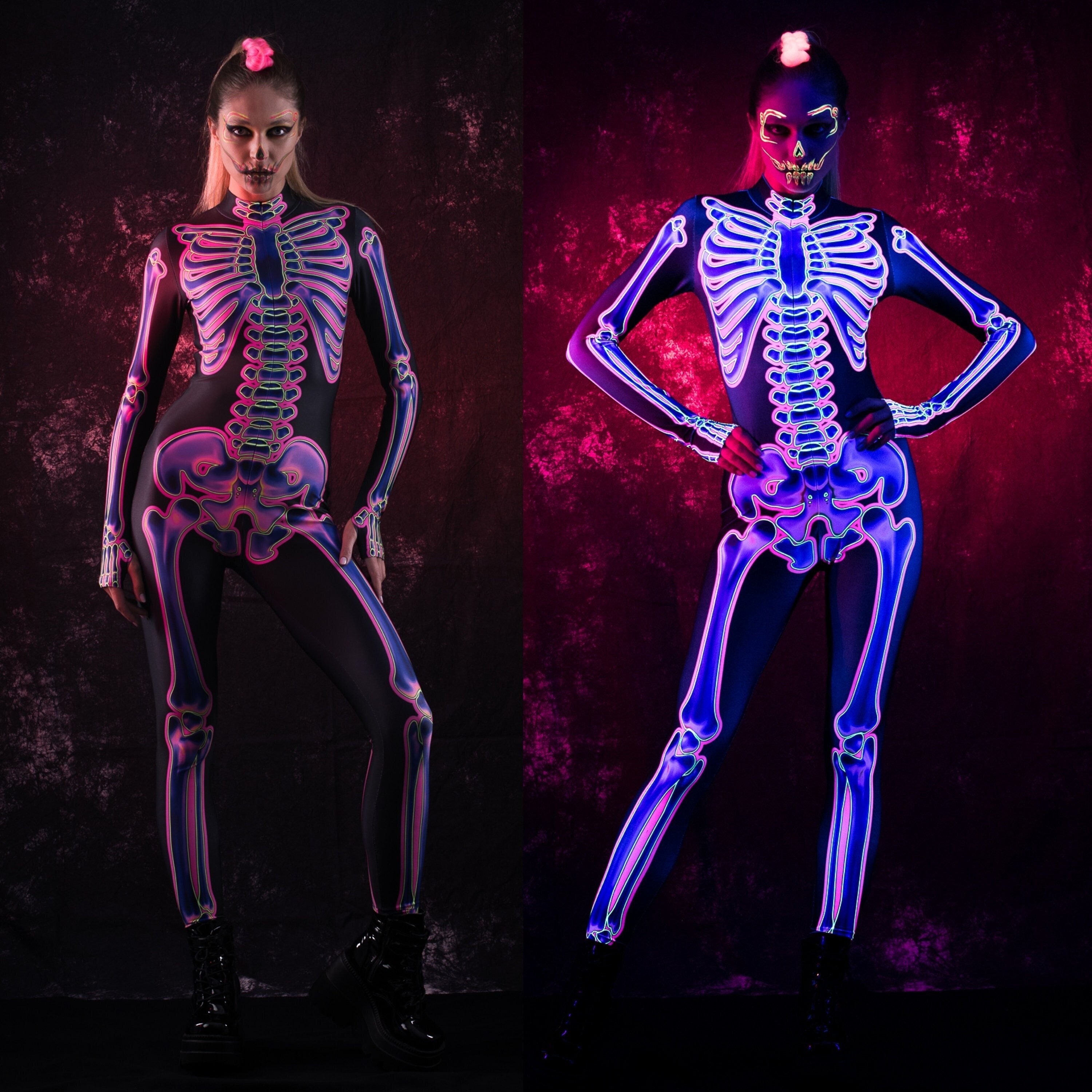 Close-up of the neon pink skeleton design on the UV reactive jumpsuit, glowing under blacklight, ideal for Halloween or music festival looks.